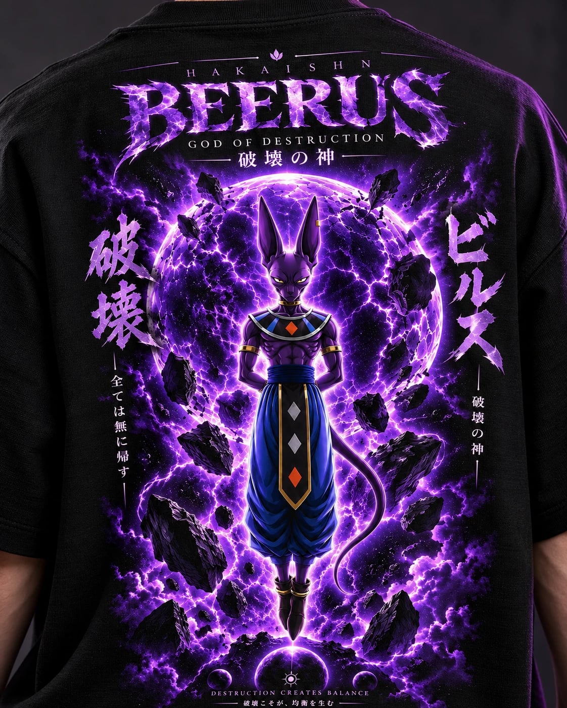 NakamaShoppu Beerus oversized black t-shirt back print, print close-up