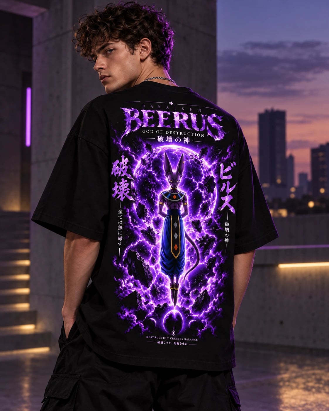 NakamaShoppu Beerus oversized black t-shirt back print, street lifestyle