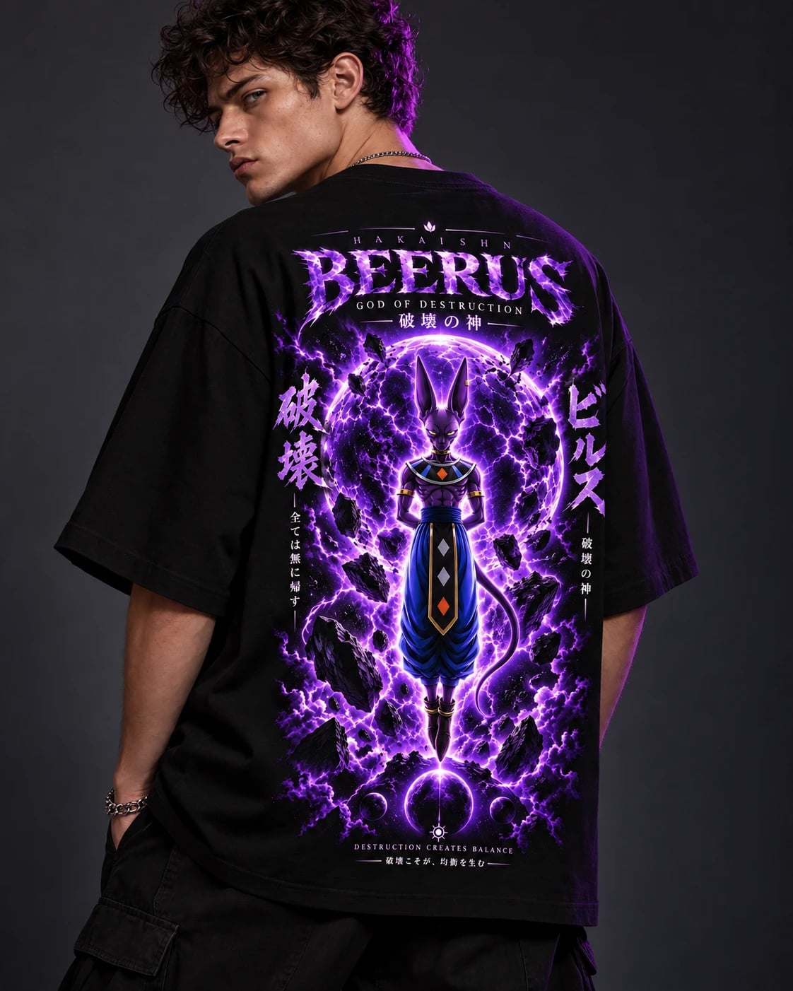 NakamaShoppu Beerus oversized black t-shirt back print, on model