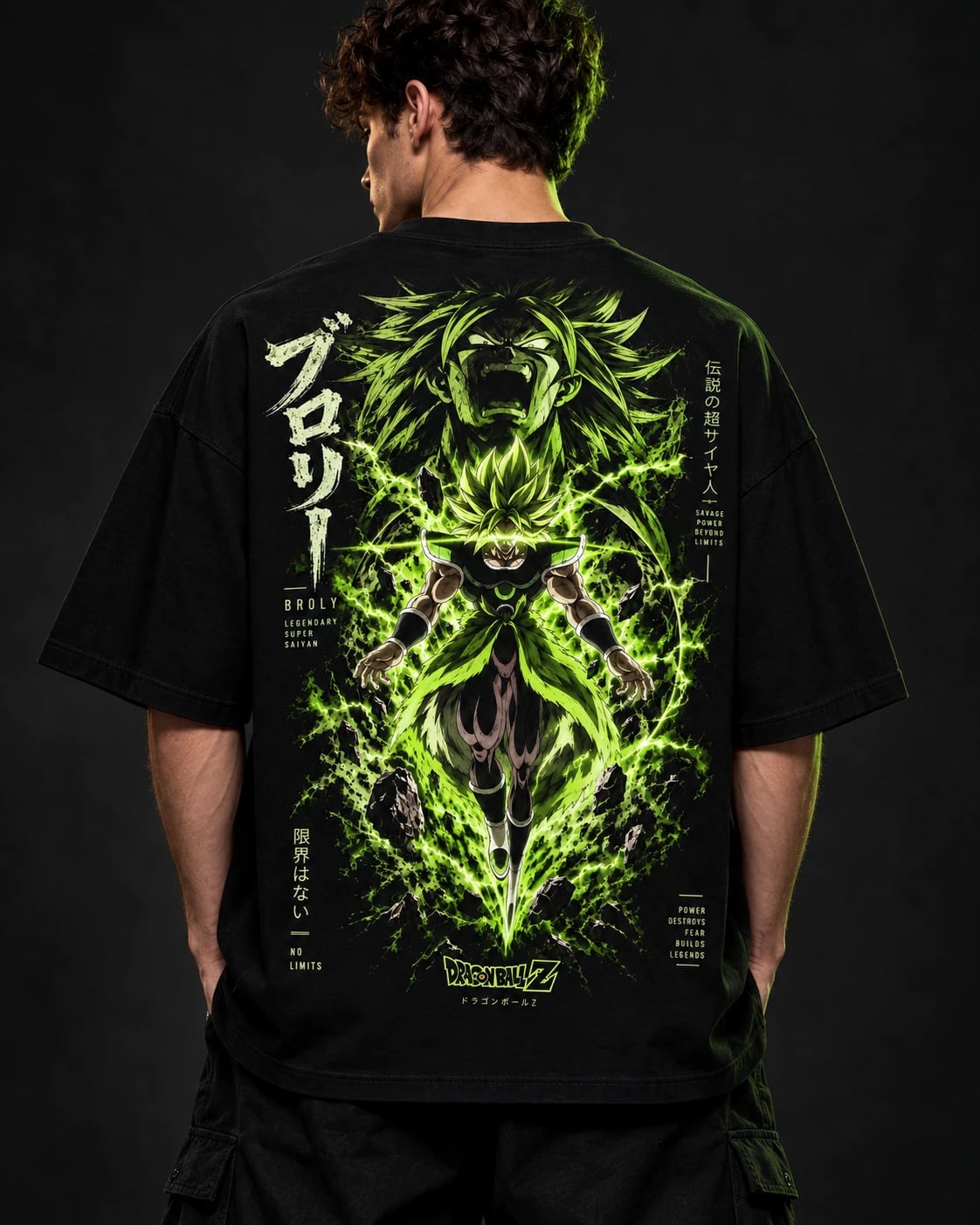 NakamaShoppu Broly oversized black t-shirt back print, on model