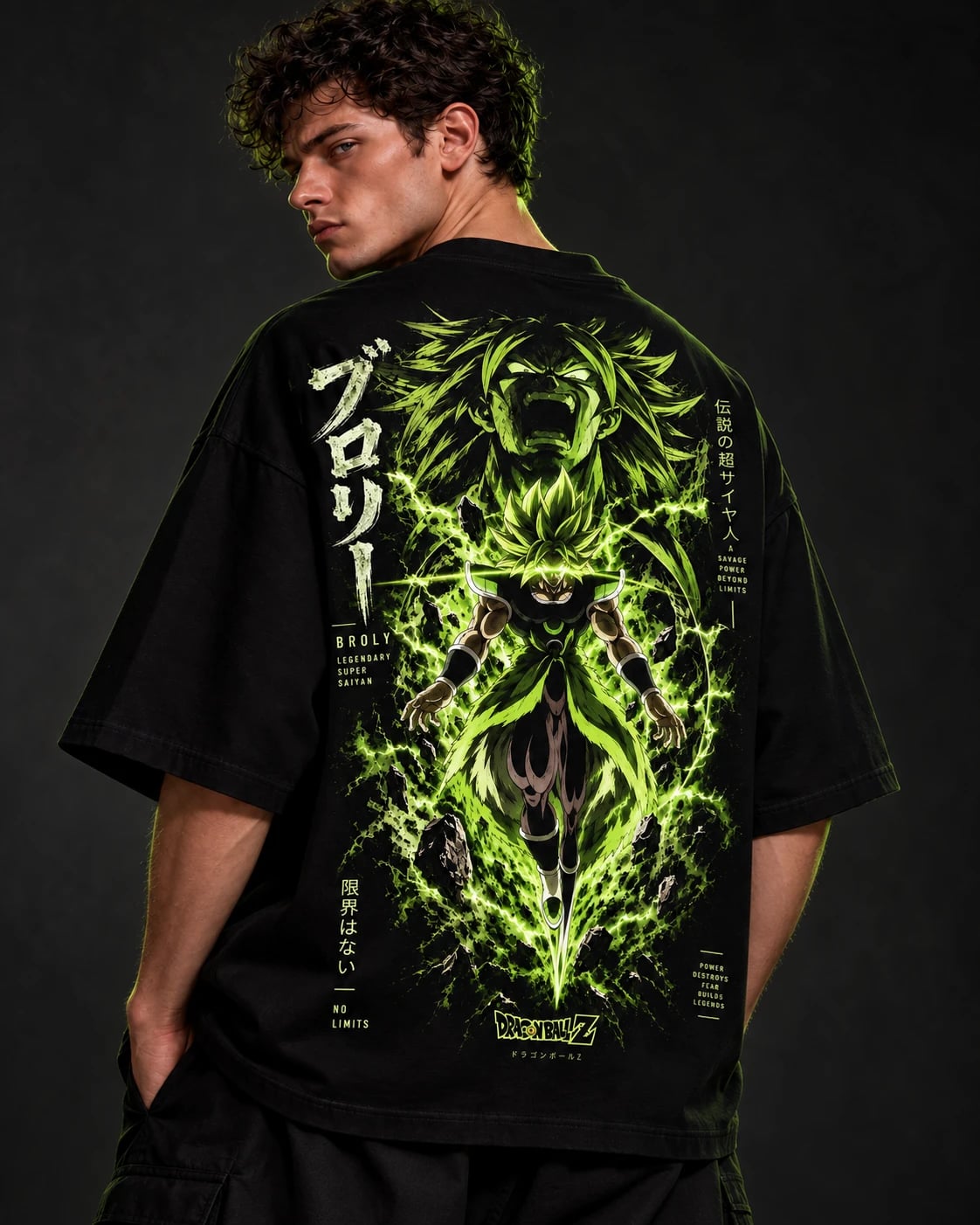 NakamaShoppu Broly oversized black t-shirt back print, on model