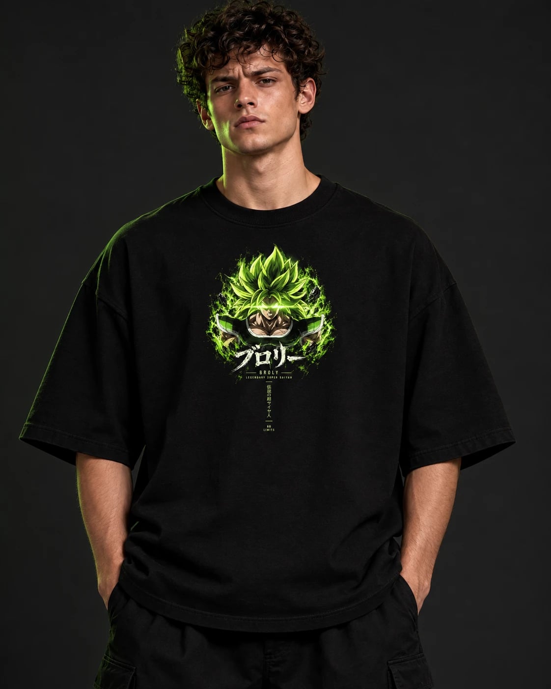 NakamaShoppu Broly oversized black t-shirt front print, on model