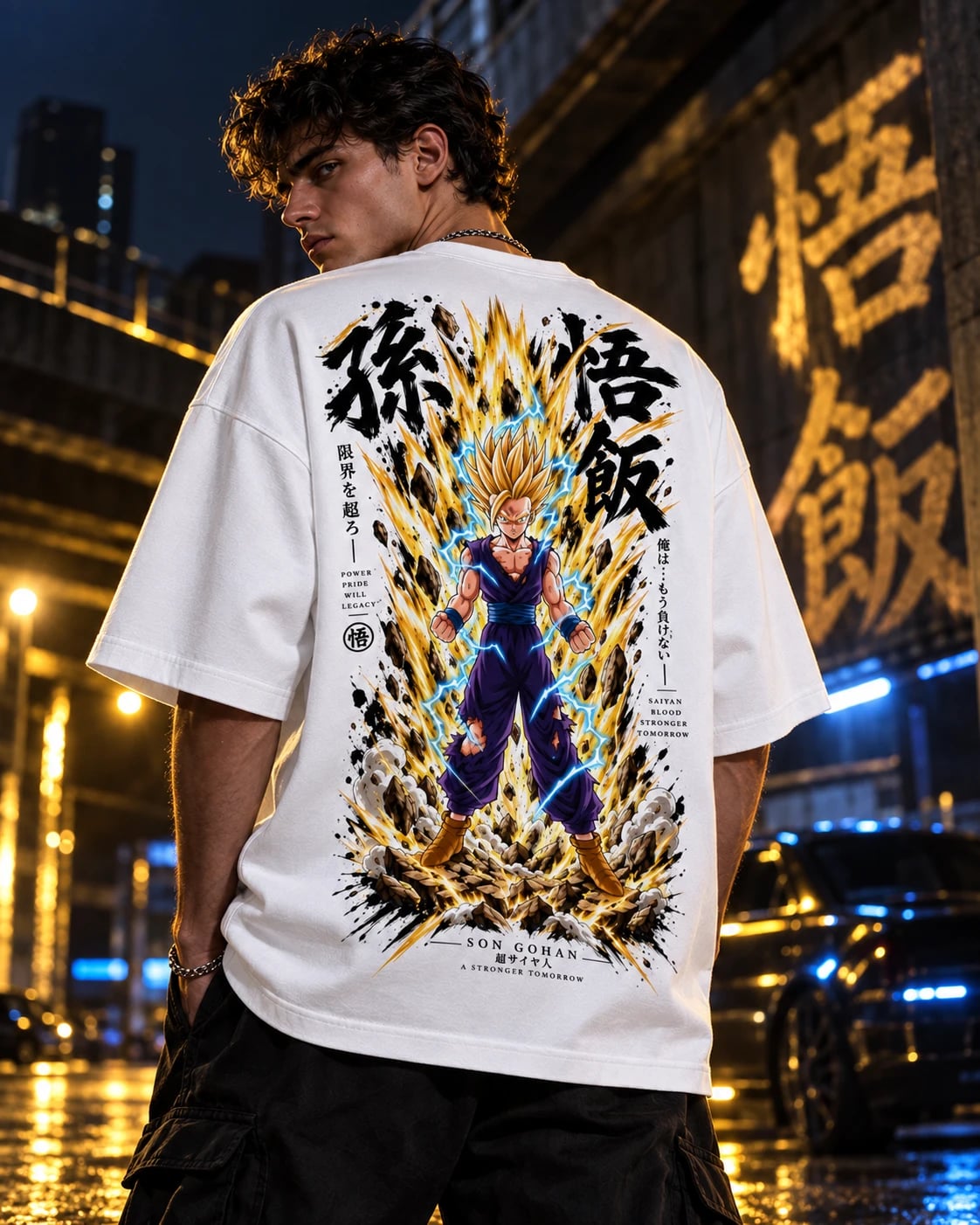 NakamaShoppu Gohan oversized white t-shirt back print, street lifestyle