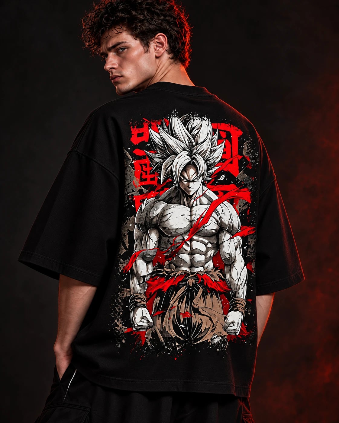 NakamaShoppu Goku oversized black t-shirt back print, on model