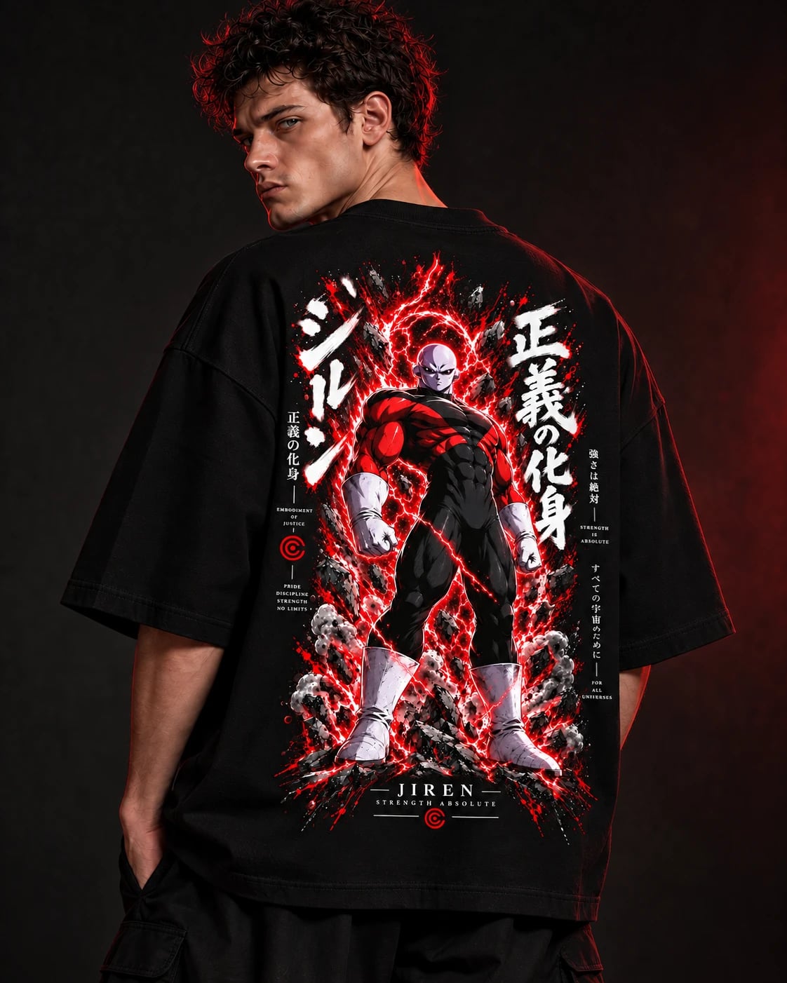 NakamaShoppu Jiren oversized black t-shirt back print, on model