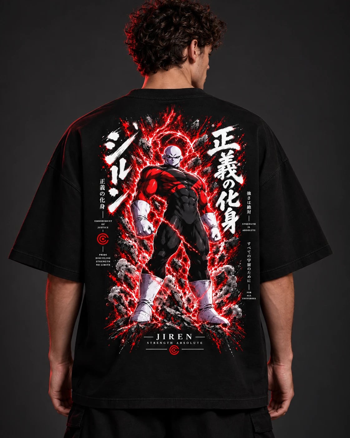 NakamaShoppu Jiren oversized black t-shirt back print, on model