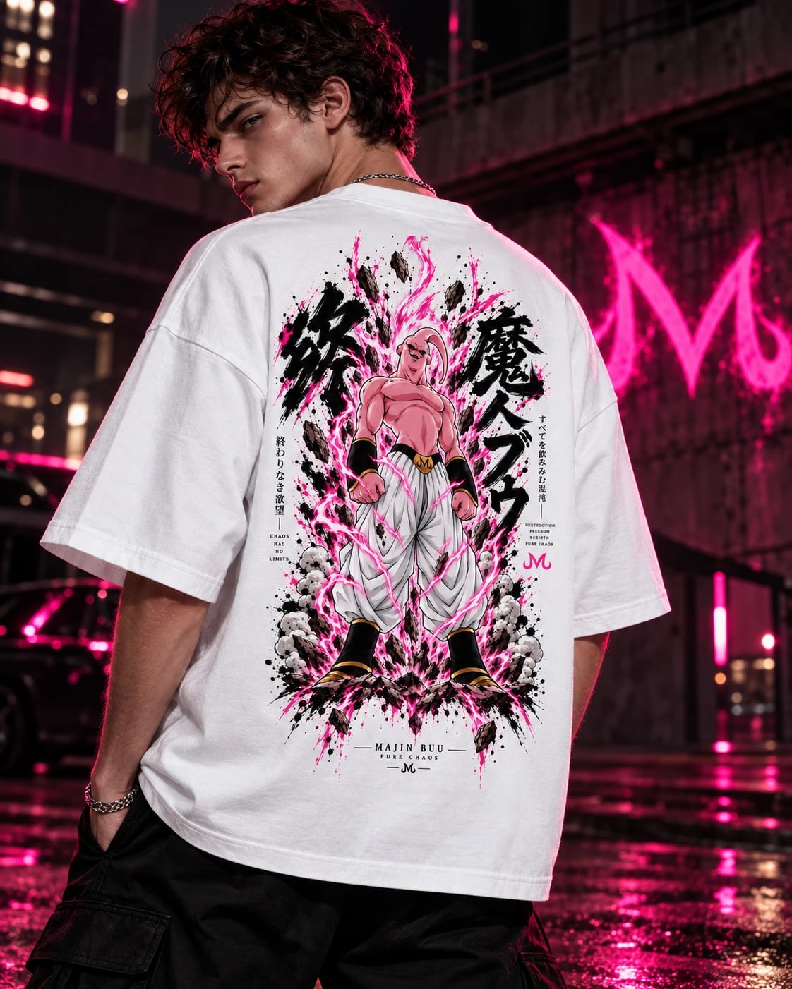 NakamaShoppu Majin Buu oversized white t-shirt back print, street lifestyle