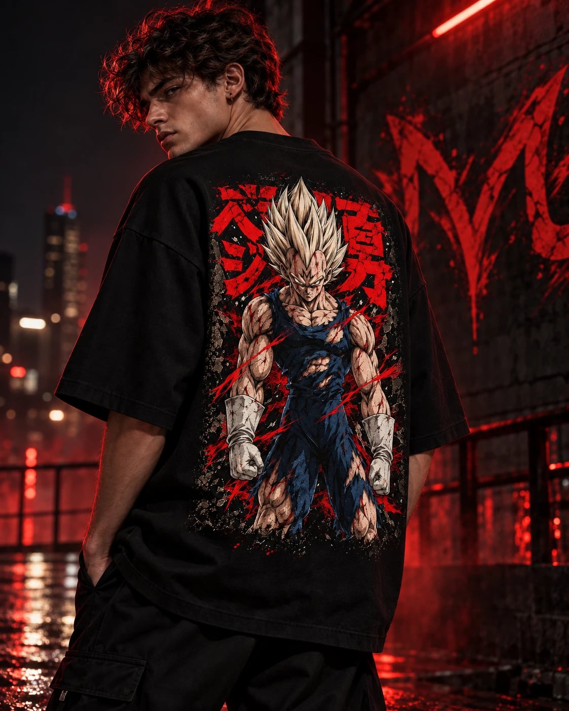 NakamaShoppu Vegeta oversized black t-shirt back print, on model