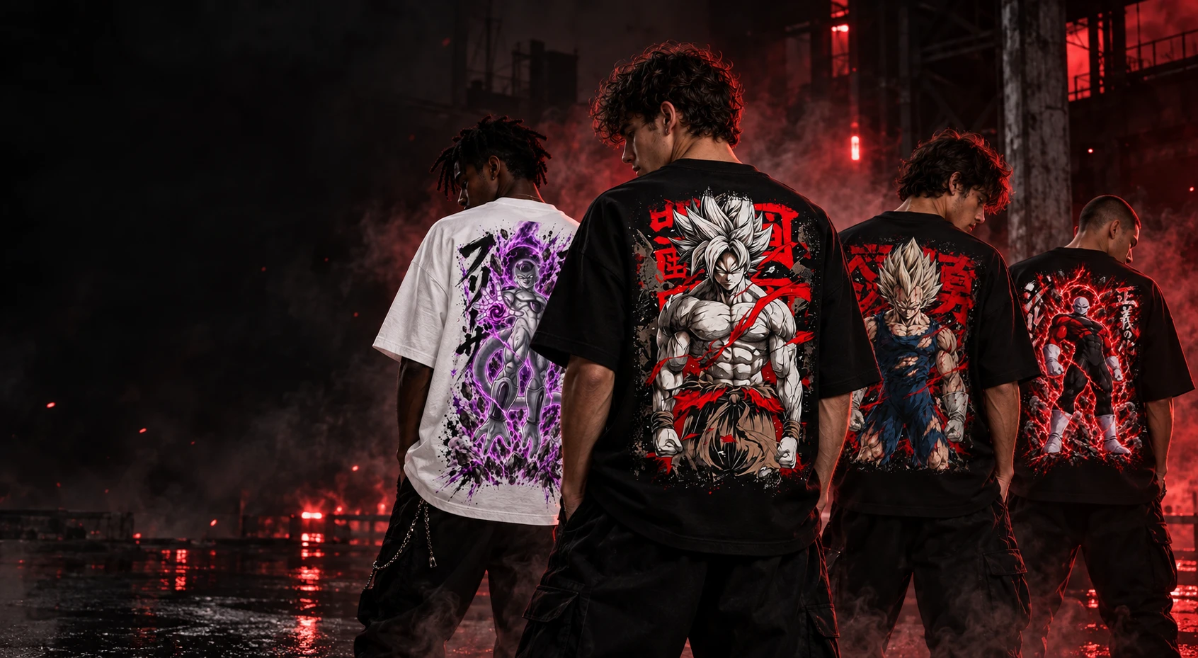 NakamaShoppu Dragon Ball drop: four models in oversized Frieza, Goku, Vegeta and Jiren t-shirts, back prints, red-lit industrial night