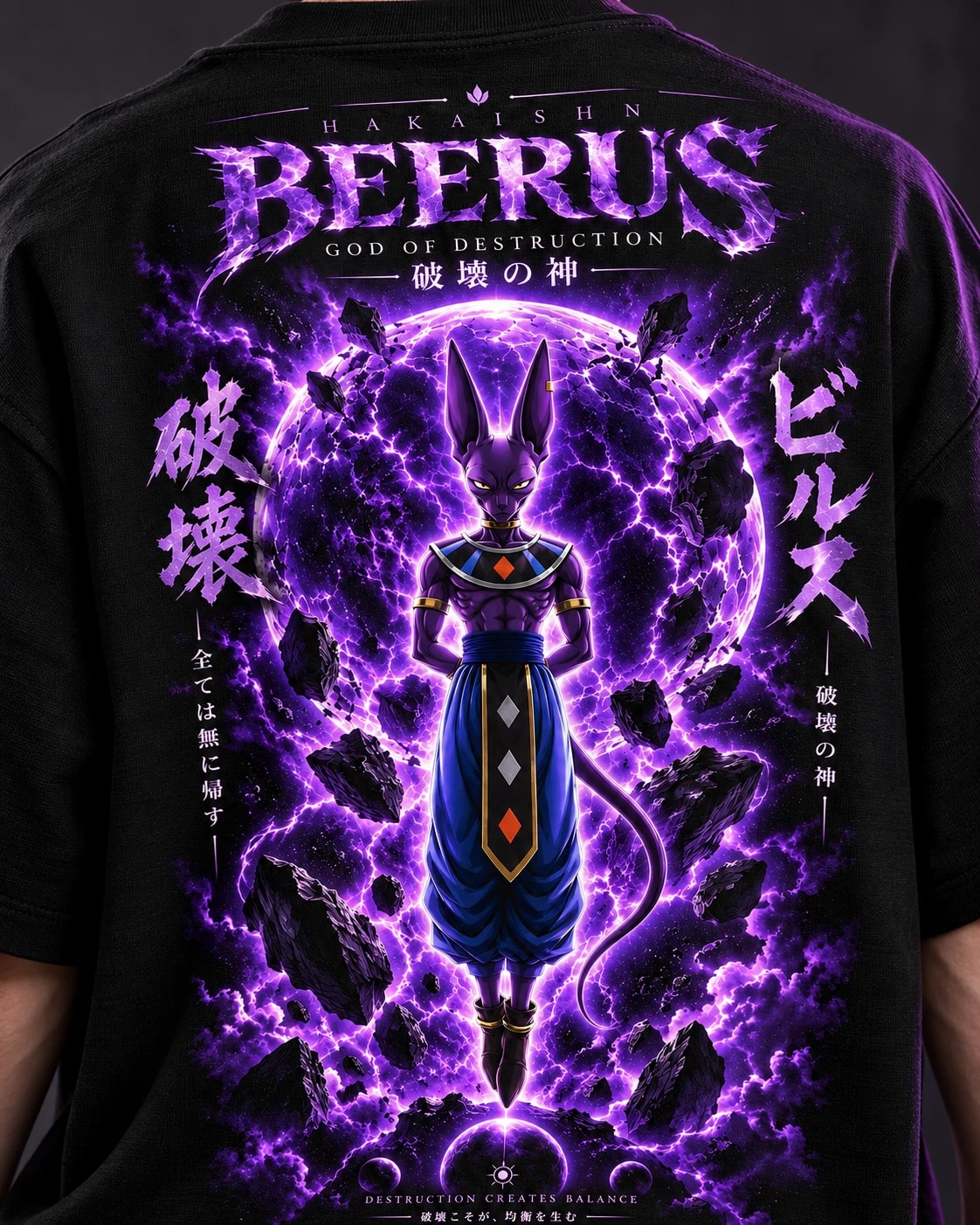NakamaShoppu Beerus oversized black t-shirt back print, print close-up