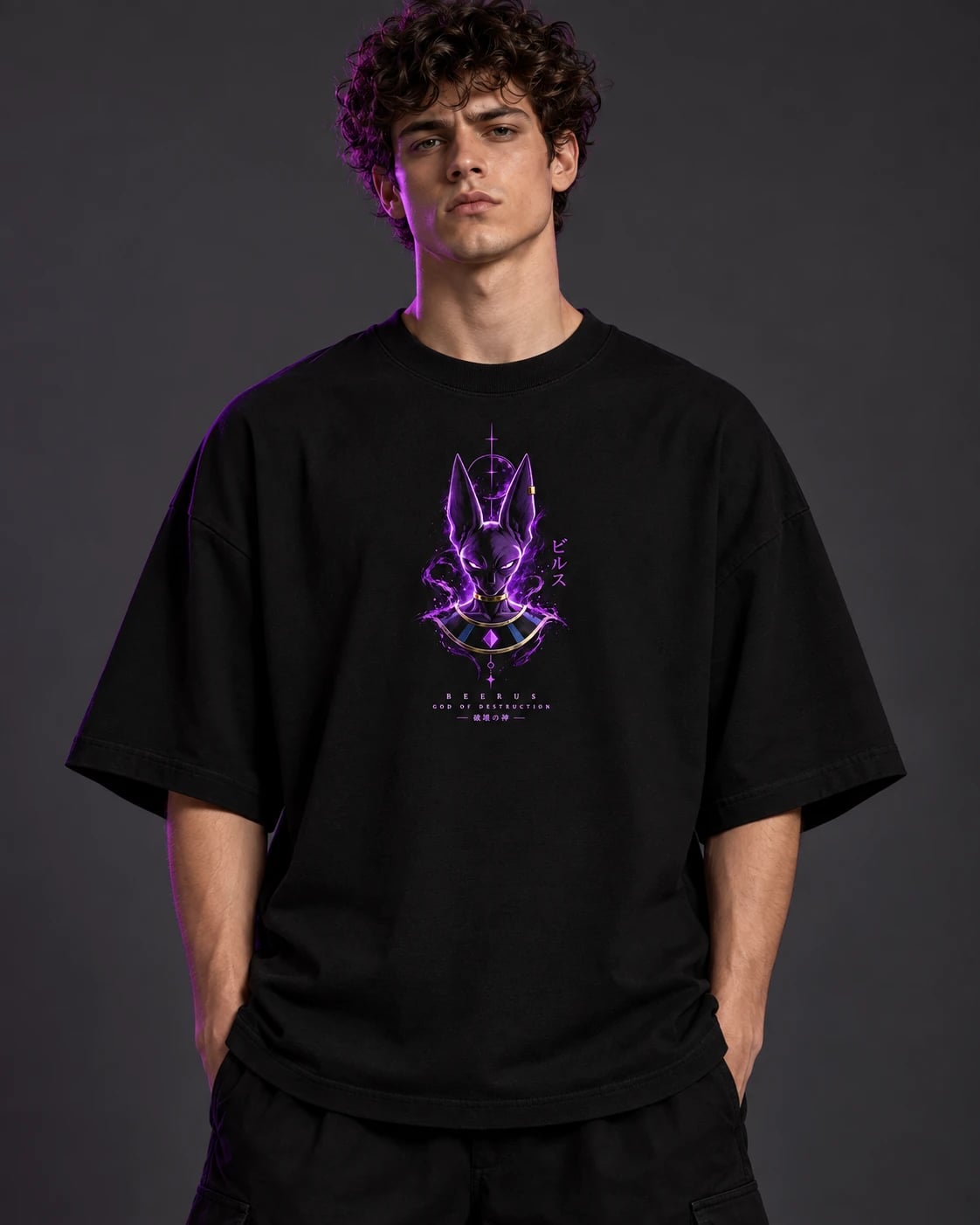 NakamaShoppu Beerus oversized black t-shirt front print, on model