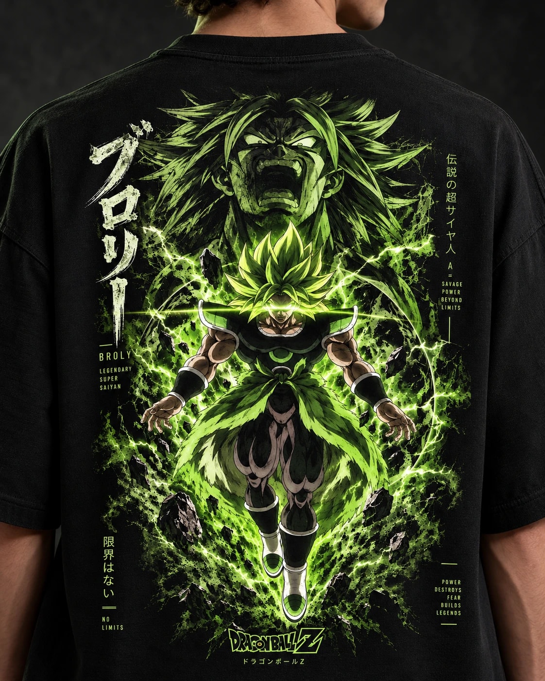 NakamaShoppu Broly oversized black t-shirt back print, print close-up