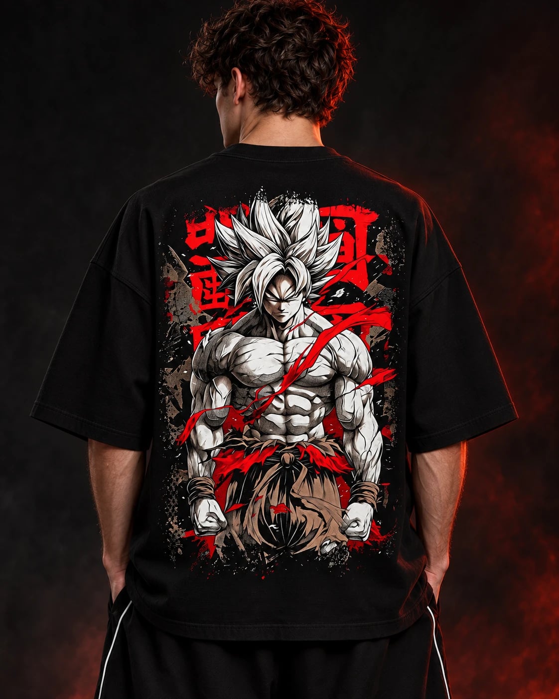 NakamaShoppu Goku oversized black t-shirt back print, on model