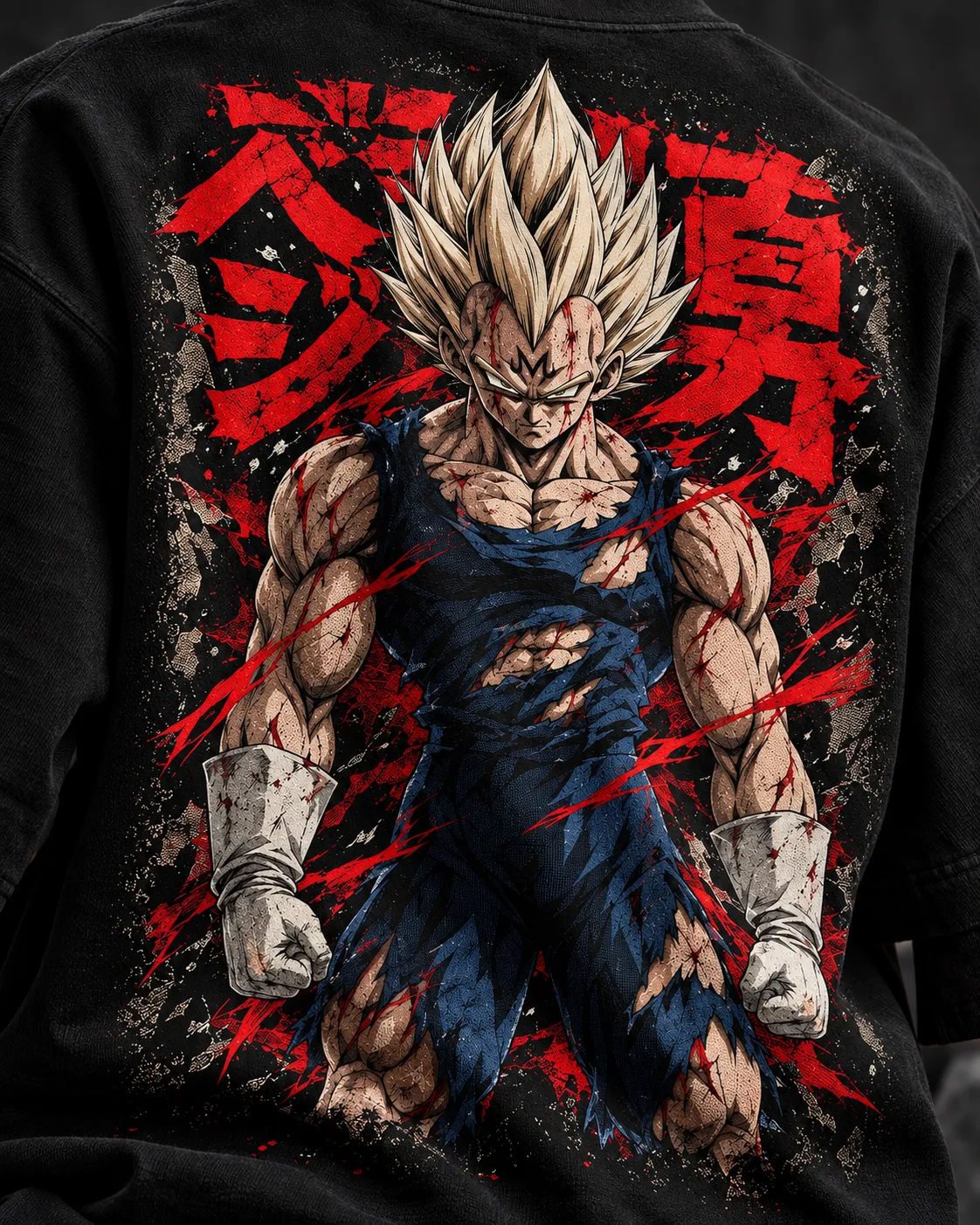 NakamaShoppu Vegeta oversized black t-shirt back print, print close-up